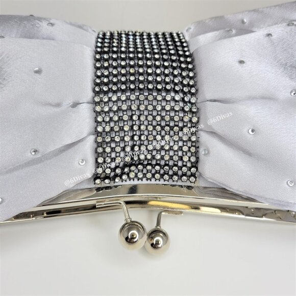 Silver Satin Glitter Evening Purse With Large Bow and Rhinestone Studded Accent - Picture 11 of 12